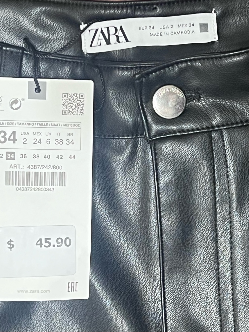 ZARA Black Faux Leather High-Waist Women's Trousers with Silver Button